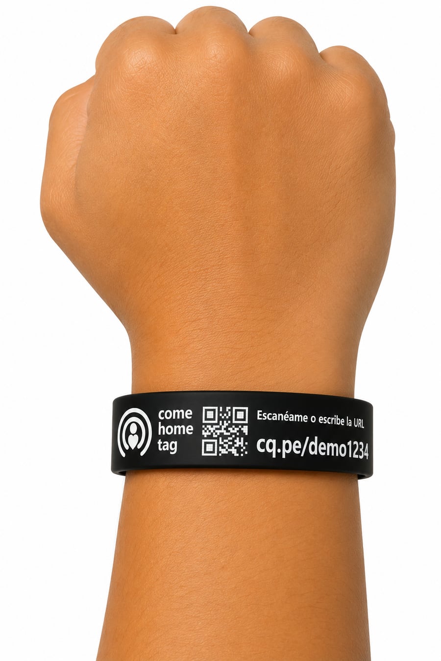Pulsera Comehometag puesta en la muñeca
